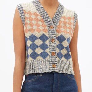 Re/Done 50s Preppy Academia Diamond-Jacquard Linen-Blend Cardigan Vest